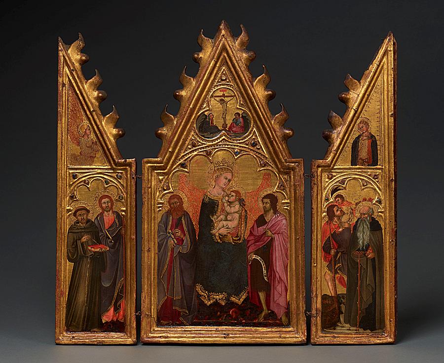 Triptych with Madonna and Child, with Saints in attendance, with the Crucifixion above