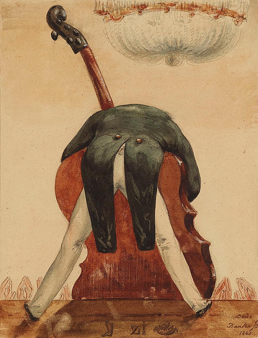 Caricature of the virtuoso, Giovanni Bottesini (1821–1889) playing the double-bass 