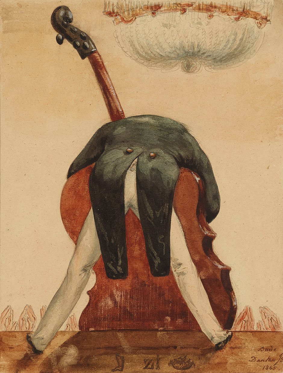 Caricature of the virtuoso, Giovanni Bottesini (1821–1889) playing the double-bass 