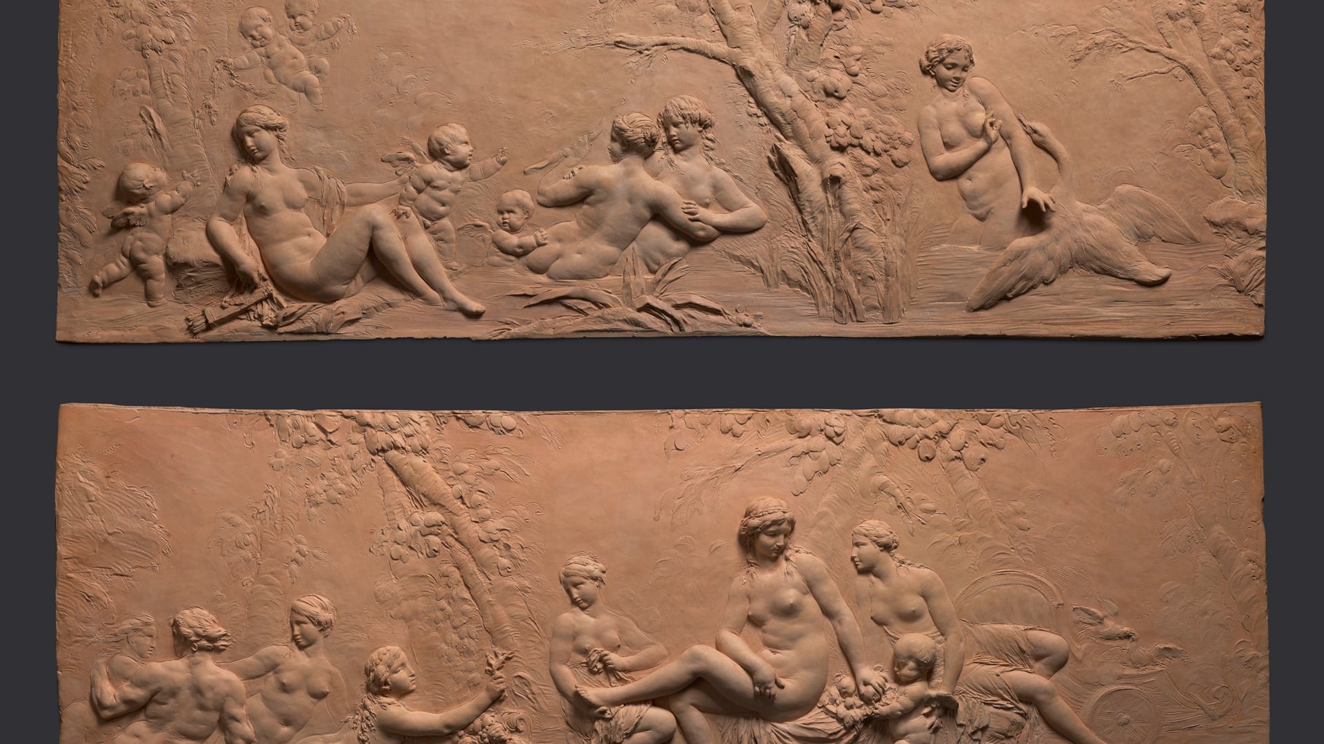 Leda And The Swan; and The Bath Of Venus (A Pair Of Rectangular Terracotta Preparatory Reliefs For The Salle De Bains Of The Hôtel De Besenval, Paris)